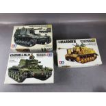 Three TAMIYA unassembled 1:35 scale model tanks: Marder 2, Cromwell Mk IV, Howitzer Wespe