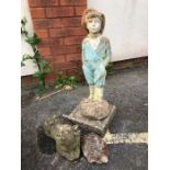 Three garden ornaments to include figure of a boy approx 70cm in height, a tortoise and a pig (3)