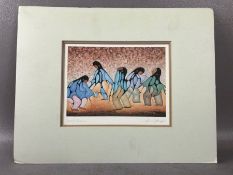 Signed block print by CECIL YOUNGFOX entitled 'Sunset Dancers', approx 18cm x 13cm