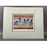 Signed block print by CECIL YOUNGFOX entitled 'Sunset Dancers', approx 18cm x 13cm