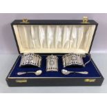 Boxed set of Hallmarked Silver and blue glass liners cruet set comprising five pieces hallmarked for