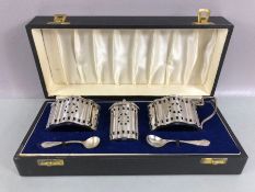 Boxed set of Hallmarked Silver and blue glass liners cruet set comprising five pieces hallmarked for