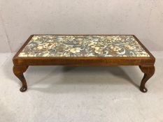 Wooden footstool on queen ann legs with floral cushion, approx 80cm wide
