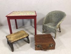 Small collection of vintage furniture: a decoupage-topped table, small wooden stool, a child's