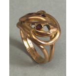 9ct Gold double snake ring (missing some stones) approx size T and 5.7g