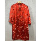 Chinese red silk dressing gown / robe with floral design