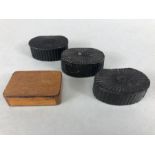 Four wooden antique snuff boxes three with similar sunburst (4)
