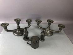 Collection of pewter to include a Pair of three arm Howard Pewter candlesticks for Walker & Hall (No