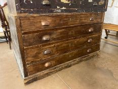 Vintage wooden plan chest with original brass cup handles consisting of four drawers