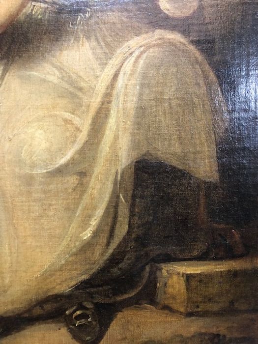 Oil on canvas of a woman and child, indistinctly signed lower right, approx 44cm x 60cm, in gilt - Image 7 of 17