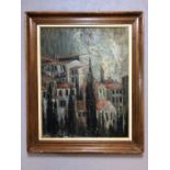 WHITE, 'Rooftops', oil on board, circa 1950's, possible inscription verso, approx 76cm x 59cm