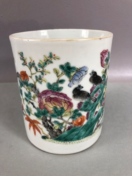 Chinese Brush Pot depicting flowers and birds with red character mark to base approx 12cm tall - Image 2 of 10