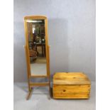 Pine cheval style mirror and a pine hinged blanket box