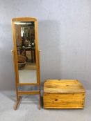 Pine cheval style mirror and a pine hinged blanket box