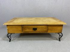 Modern pine coffee table with single drawer on metal legs