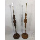 1960s pair of retro wooden and brass standard lamp bases, approx 121cm in height