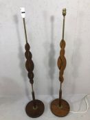 1960s pair of retro wooden and brass standard lamp bases, approx 121cm in height