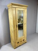 Antique pine single wardrobe, mirrored door, drawer under and brass fitments, approx 88cm x 49cm x