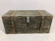 Vintage metal-bound wooden trunk, approx 85cm x 39cm x 39cm tall