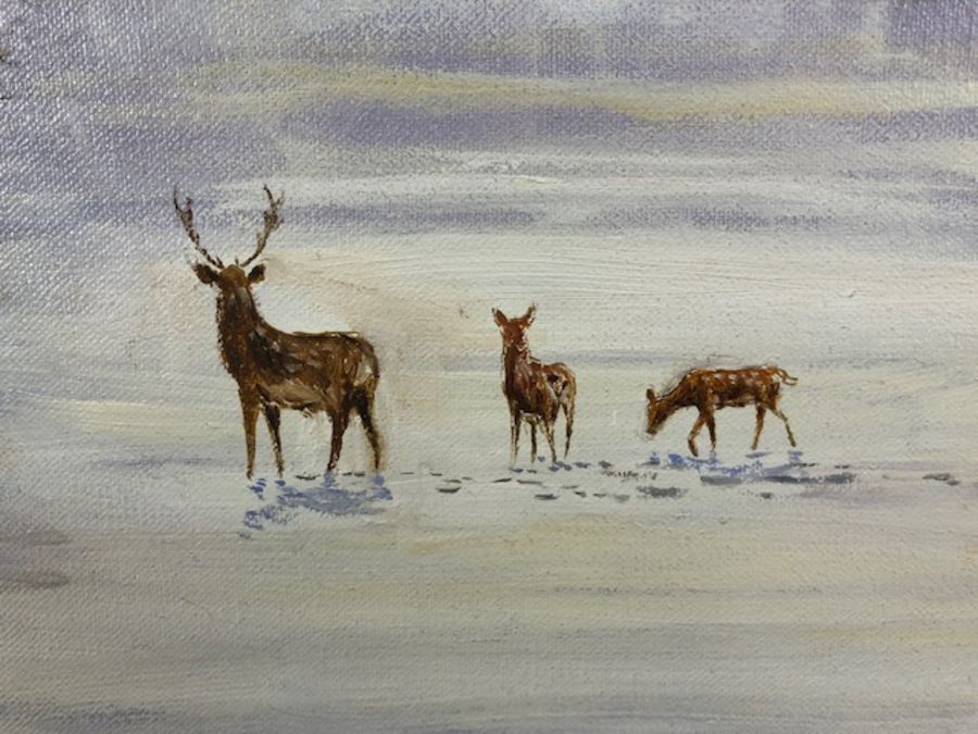 KENNETH ANSELL (British, contemporary), oil on canvas, deer in a frozen landscape, approx 54cm x - Image 4 of 10