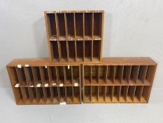 Three sets of vintage wooden pigeon holes, two sets approx 77cm x 18cm x 52cm.