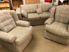 Two seater sofa and two armchairs in pale blue with cushions