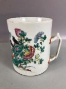 Chinese Brush Pot depicting flowers and birds with red character mark to base approx 12cm tall