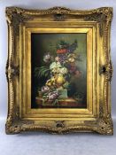 Oil on board of a still life, approx 29cm x 39cm, in deep gilt frame