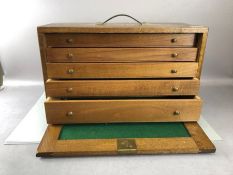 Small set of collectors / carpenters drawers with baize linings and drop down front, no key,