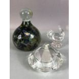 Collection of three glass items: a Mdina paperweight approx 11cm in height, a pyramid shaped