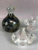 Collection of three glass items: a Mdina paperweight approx 11cm in height, a pyramid shaped