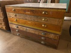 Two sets of three drawer plan chests with perspex top and metal cup handles