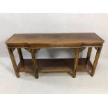 Break front highly polished inlaid console table with chinese detailing and shelf under, approx