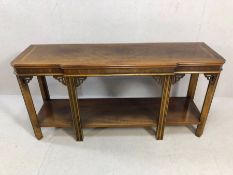 Break front highly polished inlaid console table with chinese detailing and shelf under, approx