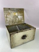 Vintage metal lock box, approx 24cm x 19cm x 13cm tall, with internal tray and key