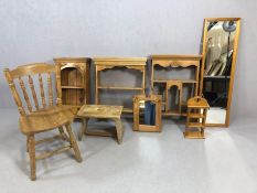 Collection of pine items to include shelving units, mirrors, a chair and a stool