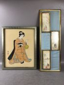 Japanese framed silk of a geisha, approx 32cm x 40cm, and a framed set of three miniature Japanese