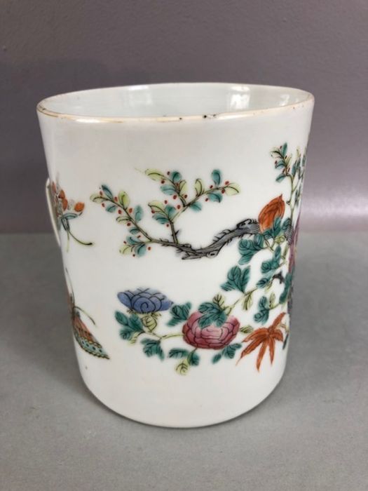 Chinese Brush Pot depicting flowers and birds with red character mark to base approx 12cm tall - Image 3 of 10