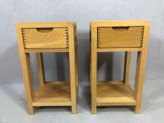 Pair of ERCOL Bosco light oak compact tables or bedsides, each with single drawer and shelf under,