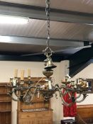 French, ten arm brass chandelier, approx 82cm in diameter, needs re-wiring