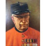 Oil on board of a Chelsea Pensioner, approx 38cm x 32cm, in gilt frame