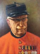 Oil on board of a Chelsea Pensioner, approx 38cm x 32cm, in gilt frame
