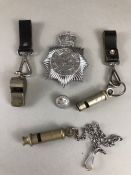 Collection of Police memorabilia to include Metropolitan Police Badge and two whistles, an Acme