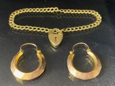 Pair of Rose Gold 9ct earrings and child's 9ct Gold bracelet with heart shaped lock (total weight