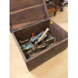 Collection of vintage tools to include hammers, hand drills, plane, metalworking tools etc in wooden