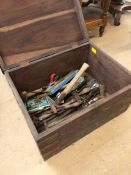 Collection of vintage tools to include hammers, hand drills, plane, metalworking tools etc in wooden