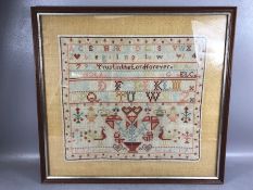 Victorian needlework sampler dated 1893 with alphabet and numbers needlework, religious wording by