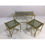 Mid century style metal framed and glass topped coffee table and matching pair of side tables.