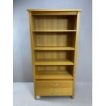 Large modern light oak bookcase with three shelves and two drawers under, approx 90cm x 40cm x 181cm