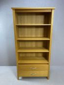 Large modern light oak bookcase with three shelves and two drawers under, approx 90cm x 40cm x 181cm